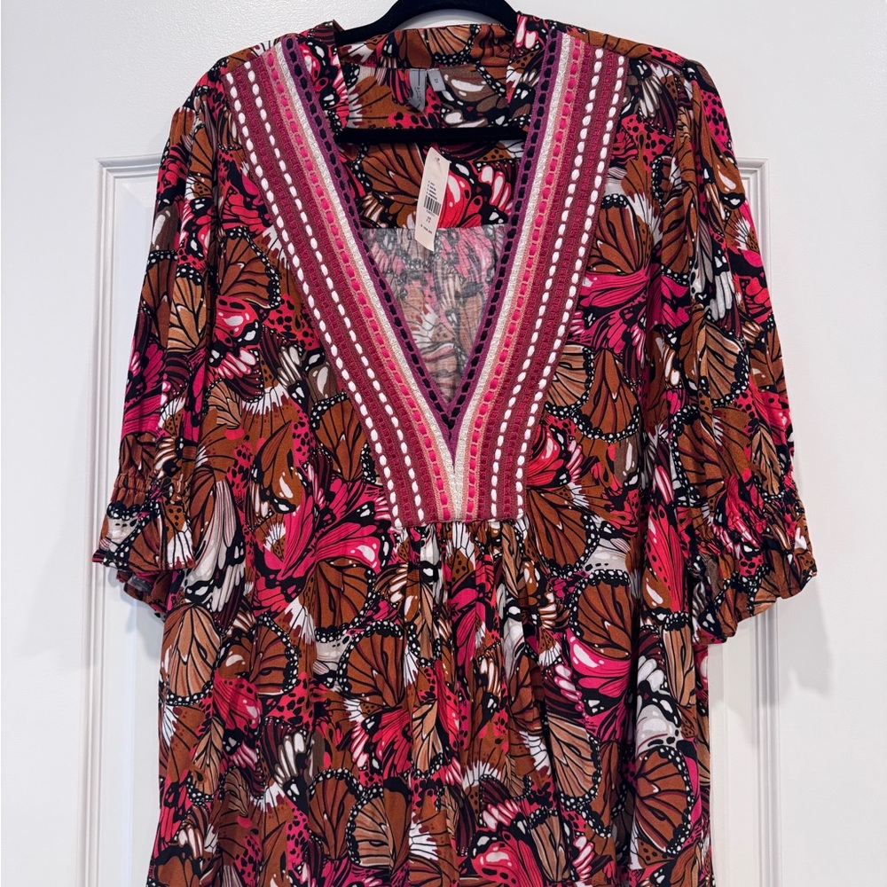 Bl^nk London x Anthropologie STEPHANIE Red Brown Butterfly Tunic Top Size 2X NWT